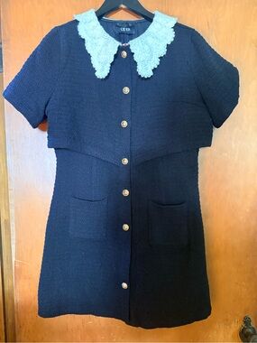 Cider Black Dress with Cream Crochet Scallop Collar
